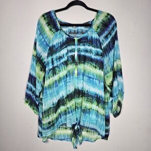 Rose + Olive Womens 1X Green Blue Tie-Dye Artsy Top‎ Abstract Flowy